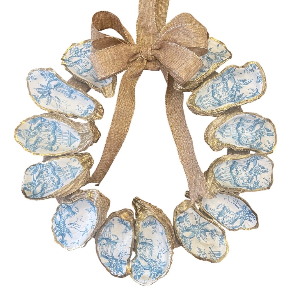 Coastal Chinoiserie Oyster Shell Wreath Blue White Gold Coastal Chic Home Decor